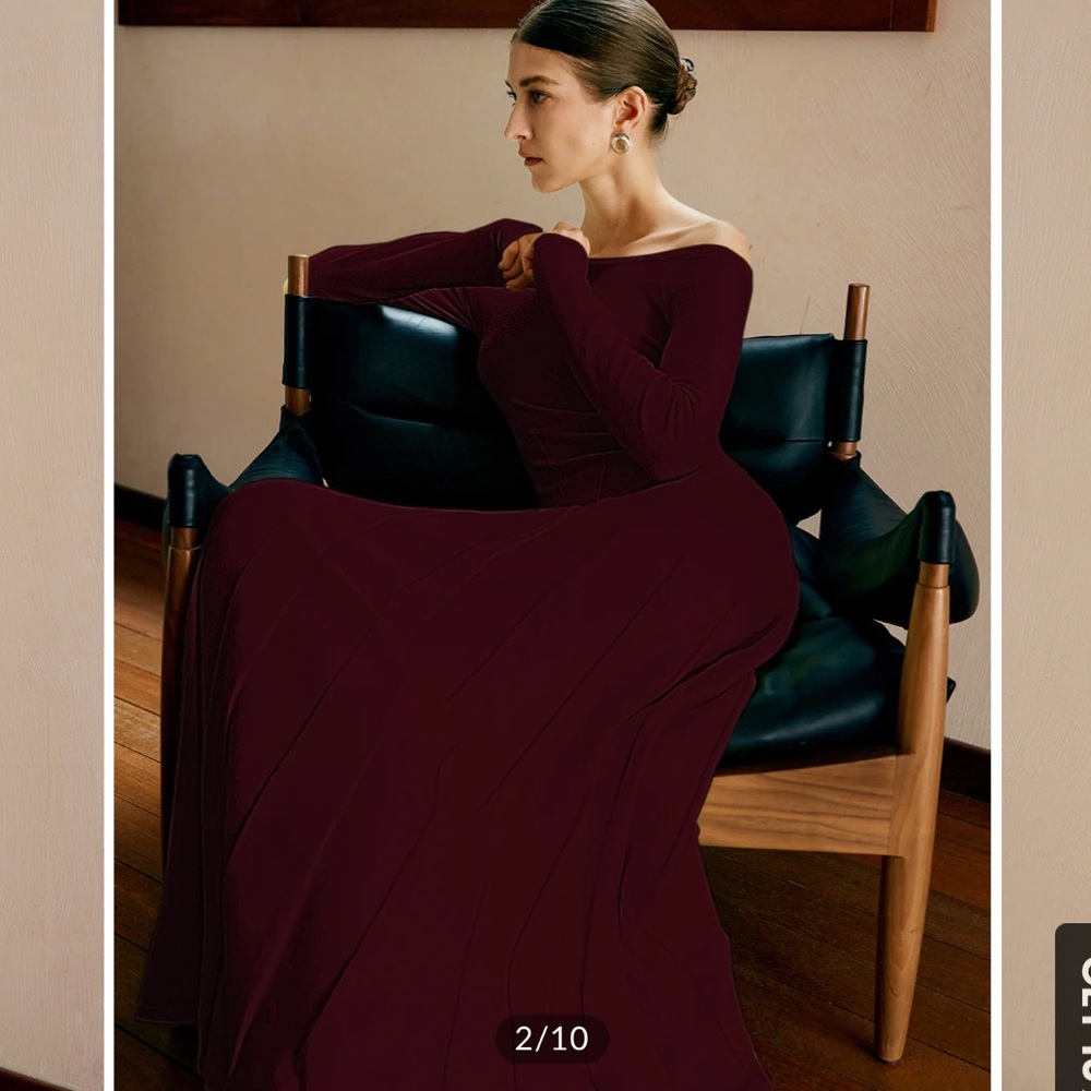 COMMENSE Burgundy Off Shoulder Pleated Sweater Dress